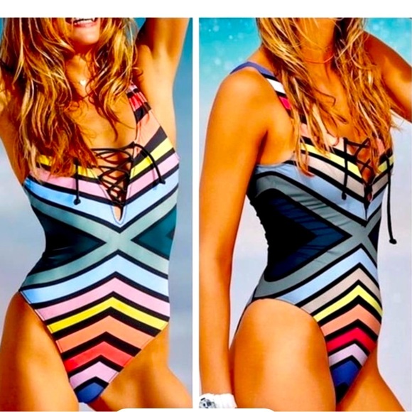PINK Victoria's Secret Rainbow Stripe Lace Up High Cut Suit, size Large - Picture 1 of 5